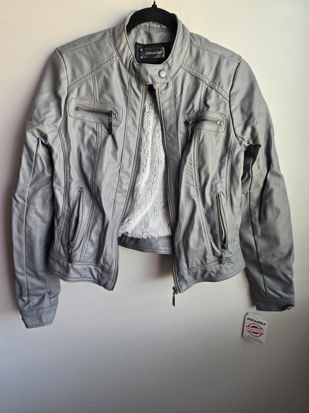 JOUJOU Light Gray Faux Leather Moto Jacket with Plush Lining